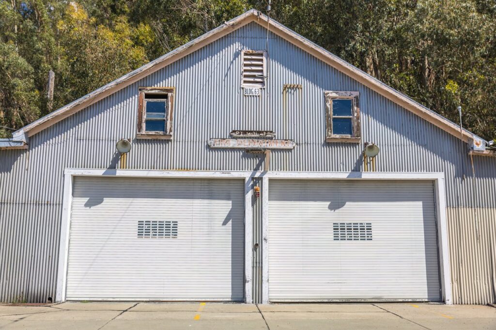 Sunlit Building with Garage Doors